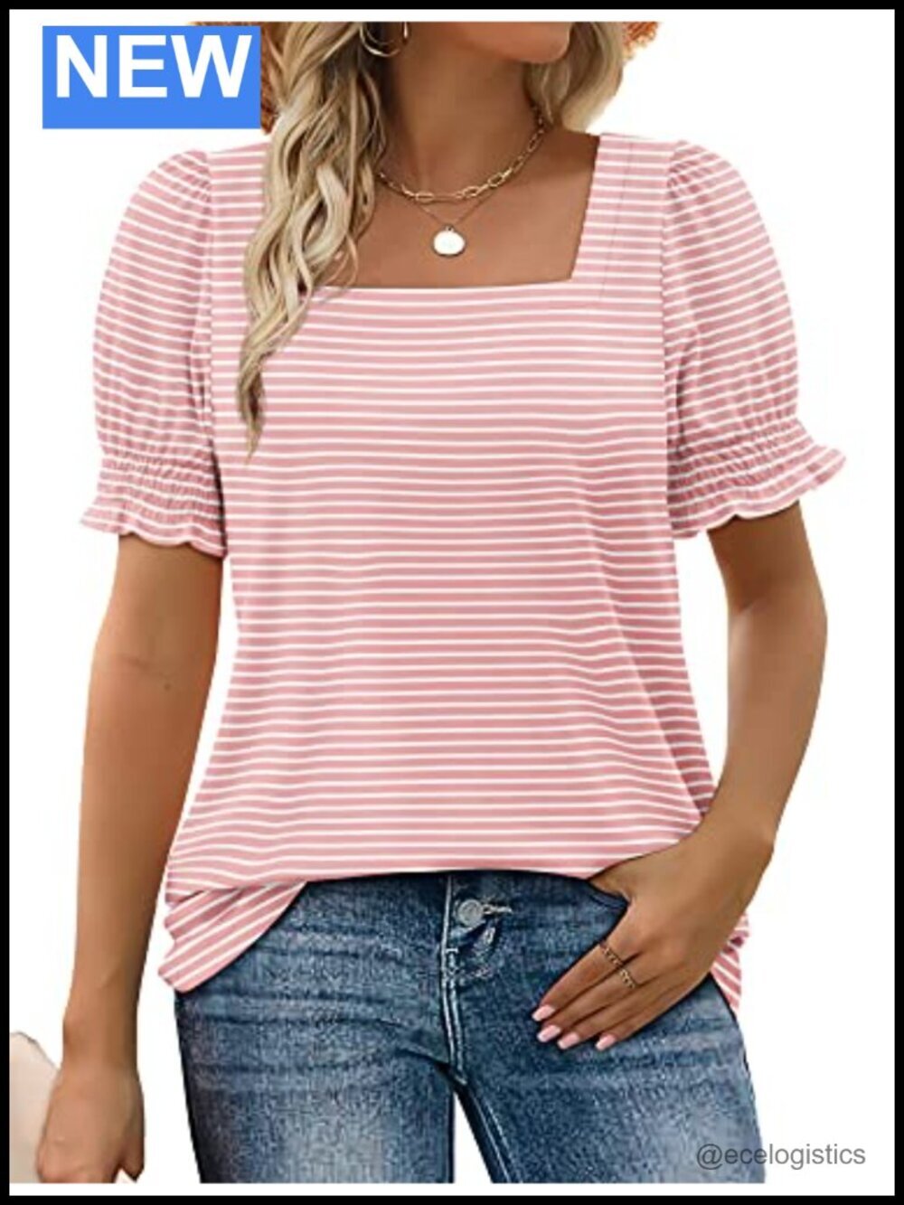 Ruffle Sleeve Square Neck Blouse Short Sleeve Tunic Summer Casual Top